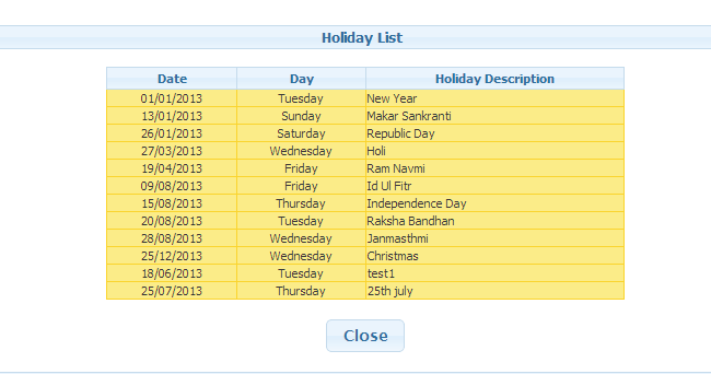 List of Holidays